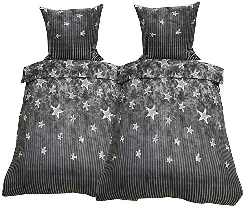 Leonado-Vicenti 4 TLG Winter Fleece Bettwäsche 135x200 Sterne Grau Anthrazit flauschig kuschelig mit Reißverschluss