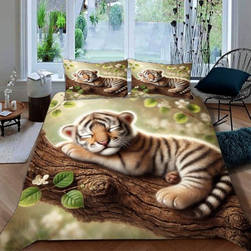 Zbeiba Bettwäsche 135x200,Bettbezug Set 3 Teilige mit 2 Kissenbezug,Tiger schlafend im Baum Motiv?135x200+2 * 50x75,Sti9?