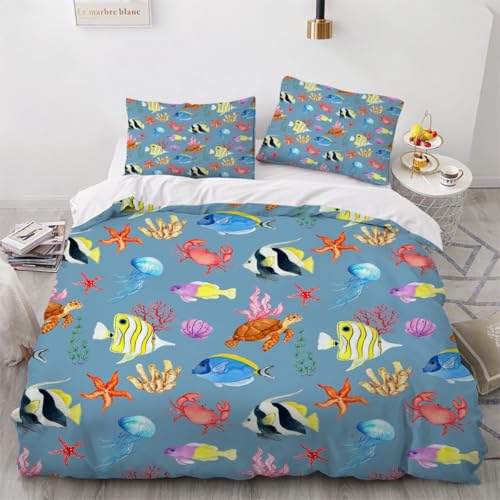 Generisch 3D Maritime Bettwäsche 200x200 cm 3teilig Fisch Bettbezug mit Reißverschluss 100% Mikrofaser Leicht Atmungsaktive Bettwaren Set mit 2 Kissenbezüge 80x80?Muster 105-5?