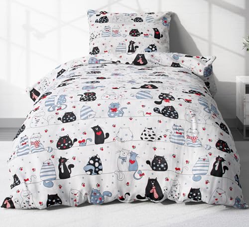 Heubergshop 2-teilige Renforcé Kinder Bettwäsche 135x200cm und 80x80cm - Katzen, Pfoten, Herzen - 100% Baumwolle, Bettgarnitur (KY-Katzen-Weiß)
