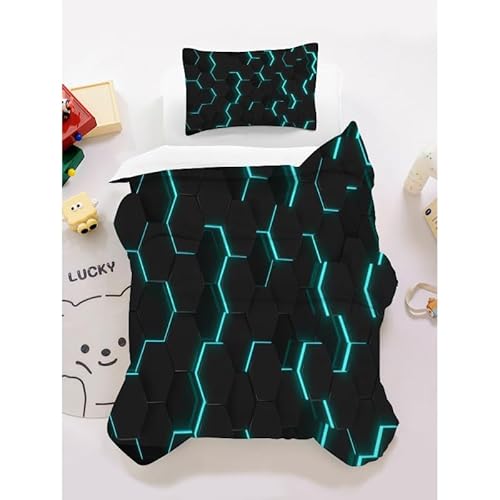 KIDSLOVE Bettwäsche-Set Bienenwabe, türkis schwarz Bedruckt, sechseckig, Größe 135x200cm(Kissenbezug 80x80cm), weich, wendbar, Geschenk für Kinder, Teenager und Jungen, für alle Jahreszeiten