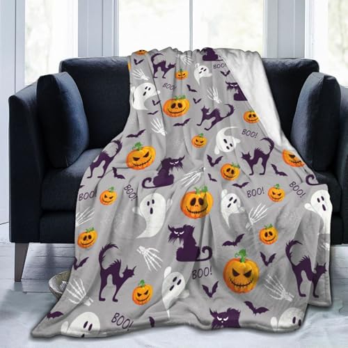 bqsjduidnc Halloween-Decke, Kürbis, Katze, Fledermaus, Geist, Überwurf, Decke, gemütliches Fleece-Flanell, Plüsch-Bettwäsche für Jungen, Mädchen, Männer, Frauen, Kinder, für Couch, Sofa, Bett