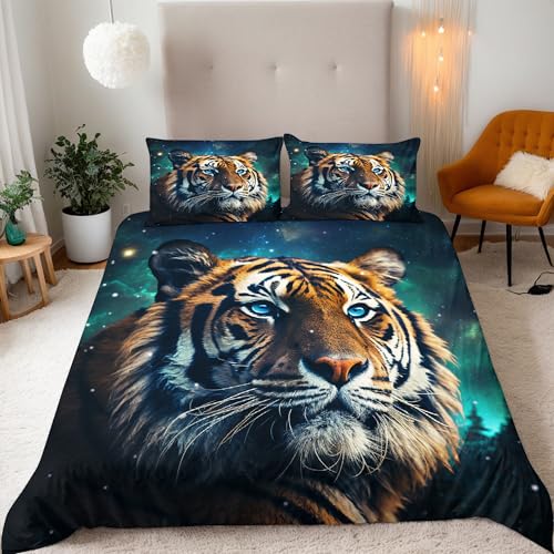 Bettbezug 135x200 Set Tiger Tier Motiv Bettwäsche 135x200 3-teilig Aurora Nachthimmel 3D Druck Mikrofaser Bettbezügen mit 2 Kissenbezügen 80x80 cm und Reißverschluss Eckbänder