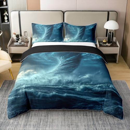Teal Tornado 100% Baumwolle Bettbezug 135x200,Horror Ocean Sea Wave Bettwäsche Set,Gothic Gewitter Blitz Tornado Tröster Abdeckung,Geometrische Natur Katastrophe Bettbezug,Reversible