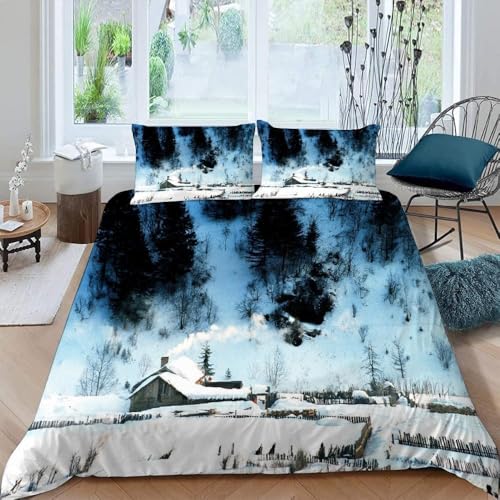 Schneelandschaft Bettwäsche 135x200 3D Drucken Landhaus Bettwäsche-Sets Weiche Kuschelig Mikrofaser Bettbezug mit 2 Kissenbezüge 80x80 cm mit Reißverschluss b-428