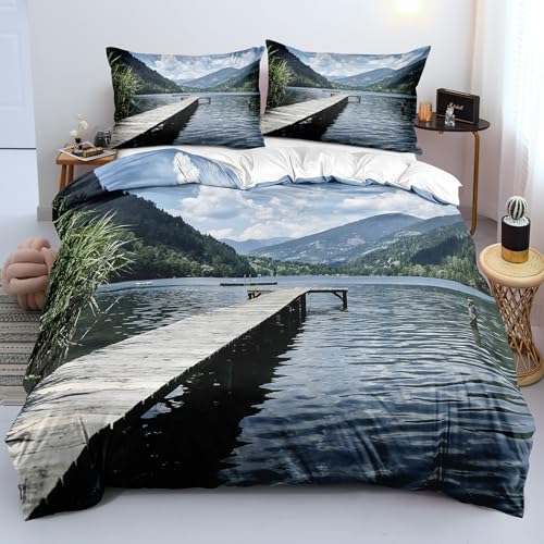 Ypthriline Weiße Wolke Bettwäsche 220X240 Kleine Brücke Bettwäsche Set 3Er Set Bestehend Aus 1 Bettbezug 220X240 cm Und 2 Kissenbezügen 80X80 cm, Waschbare Microfaser In Superweicher Qualität