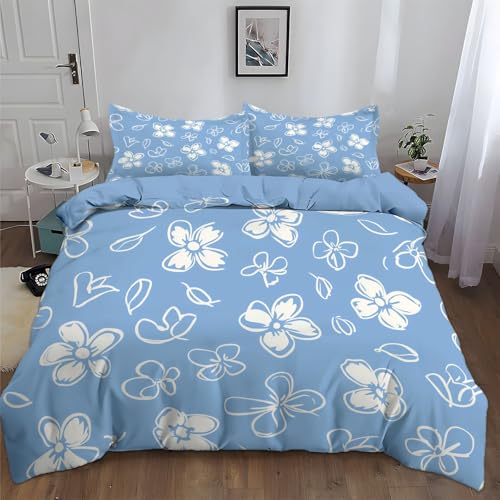 WHUOEUCO Bettwäsche 135x200cm Hellblaue Einfache Blumen 3teilig Drucken Bettwäsche-Sets, Mikrofaser Bettbezug & 2 Kissenbezug 80x80cm, Atmungsaktiv Weich mit Reißverschluss