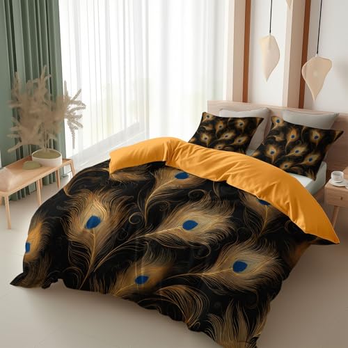 Srigzcaly Vintage Elegant Pfauenfedern Bettwäsche 135x200 cm Set 3 Teilig, Gelb Wendebettwäsche Weich Atmungsaktiv & Hautfreundlich bügelfrei Mikrofaser Bettbezug