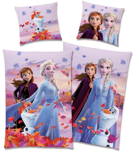 Frozen Die Eiskönigin Kinder-Bettwäsche Dreamteam 135 x 200 + 80 x 80 cm 100% Baumwolle Biber-Flanell-Qualität Disney ELSA Anna Snowman Sven Kristoff Olaf mit Reißverschluss Deutsche Größe