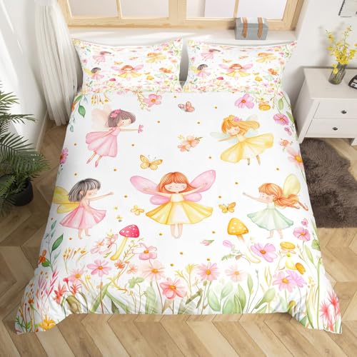 Homewish Mädchen Nette Fee Bettbezug 135x200,Floral Schmetterling Fee Bettwäsche Set für Kinder Schlafzimmer Dekor,Aquarell Blumenbett Set Pilz Bettbezug (Kein Tröster)