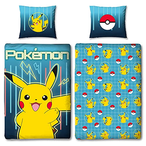 Familando Pokemon Bettwäsche-Set 135x200 cm + Kissen 80x80 cm · Pokémon Pikachu · Kinder-Bettwäsche 100% Baumwolle Linon · mit Reißverschluss