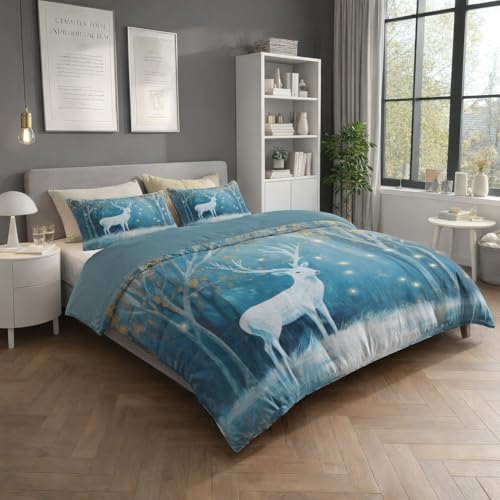 Bettwäsche 135 x 200 cm 2teilig Blau - Bettbezug 135 x 200 cm 2teilig Set mit Kissenbezüge 80x80 cm Atmungsaktiv Leicht Anti-Pilling bettwäsche mit Reißverschluss Handgezeichnet Tiere Hirsch