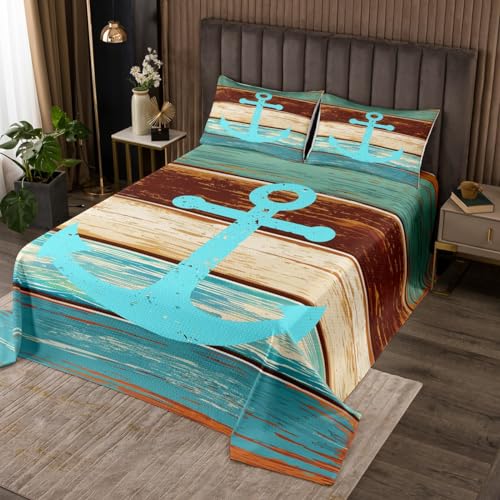 Manfei Blauer Anker Tagesdecke L Größe,Türkis Farbe Braun gestreifte alte Holz Tröster Set Rustikale Bauernhaus Bettwäsche Mädchen Erwachsenenzimmer Dekor,Meer Nautische Quilt Coverlet,2 Kissenbezug