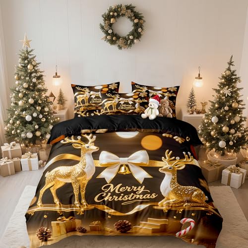 DXHOME Bettwäsche 135x200 Weihnachten Gold Schwarz Wintermotiv Hirsch Weiche Mikrofaser Teenager für Mädchen Jungen Geschenke für Kinder Bettbezug mit Reißverschluss + 1 Kissenbezug 80x80 cm