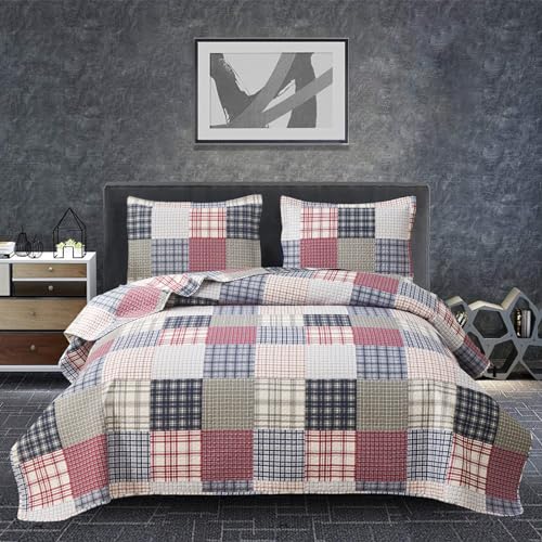 Kariertes Steppdecken-Set für Doppelbett, Patchwork-Bettwäsche für Jungen und Herren, rot, blau, weiß, leicht, wendbar, weiche Mikrofaser, für alle Jahreszeiten