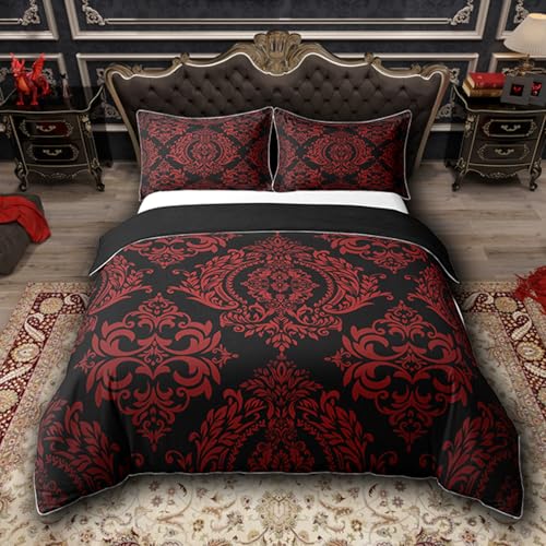 Homemissing Vintage Damask Floral Bettwäsche Set 200x200cm Böhmisch Exotisch Gothic Bettbezug Set Schwarz Rot Oriental Antique Gotik Bohemia Boho Blumen Betten Set 3Stück