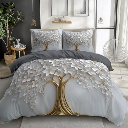 Generisch Weiß Bettwäsche Set 180x200 cm Weiße Blume Goldener Baum 3D 3D Bettwäsche Polyester Baumwolle Weiche Atmungsaktiv Wendebettwäsche Bettbezug, Einzelbett Doppelbett Bettbezug Set