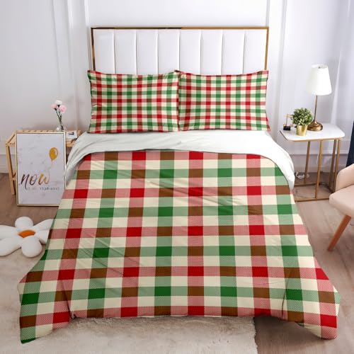 SVTUSR Bettwäsche 135X200 Mikrofaser 3 Teilig, Weiche Flauschige Winter Bettbezüge Mit Reißverschluss, 3D Rot, Grün Und Weiß Klassisch Kariert Retro Minimalistische Kunst Bettbezug + 2 Kopfkissenbe