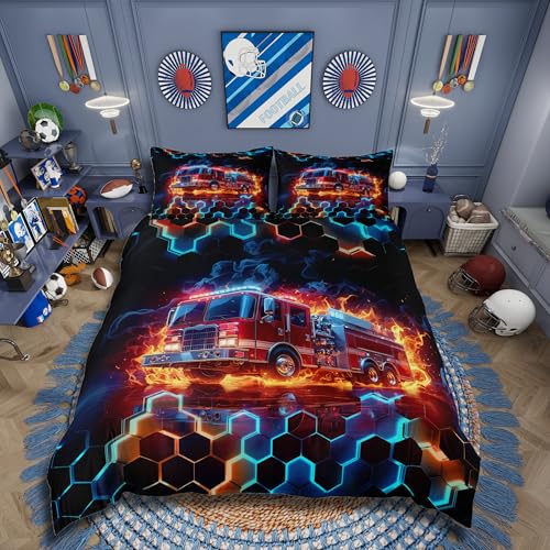 Homemissing Feuerwehr Junge Bettwäsche Set 135x200cm Kinder Feuerwehrmann Bettwäsche-Set Auto Fahrzeug Dekor Bettbezug mit 1 Kissenbezug Feuerwehrmaschine mit Reißverschluss