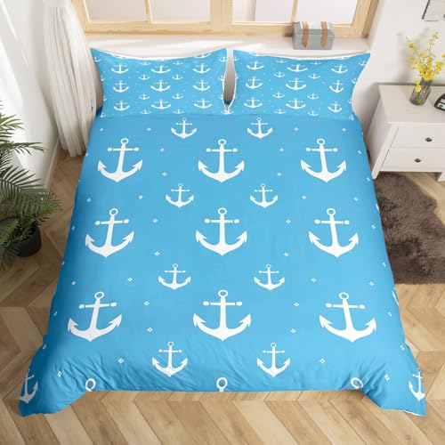 Homewish Anker Muster Tröster Bezug 200x200 Küste Meer Bettwäsche Set,Weißer Anker Gedruckt Bettbezug,Glitter Streifen Bettbezug für Kinder Jungen Mädchen