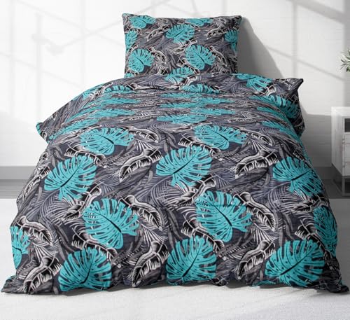 Heubergshop 2-teilige Seersucker Bettwäsche 135x200cm und 80x80cm - Blätter in Grau, Schwarz und Türkis - Bettgarnitur aus 100% Baumwolle, bügelfrei (EW-630/1)