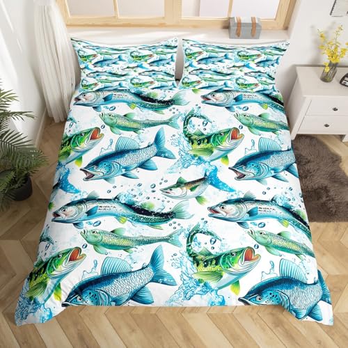 Loussiesd Rustikaler Fisch Bettwäsche Set 155x220cm Angeln und Jagen Bettbezug für Kinder Mädchen Jungs Bass Hecht Süßwasserfisch Dekor Betten Zimmer Dekor Bettwäsche-Set