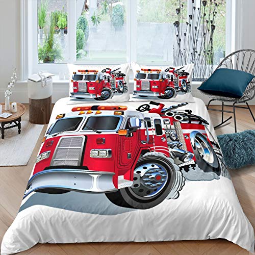 Loussiesd Jungen-Bettwäsche-Set mit Feuerwehrauto-Muster, Bettbezug für Kinder, Teenager, Auto, Fahrzeug, bedruckt, Bettbezug, Feuerwehr-LKW, Tagesdecke, Raumdekoration, Steppdecke, Doppelbett