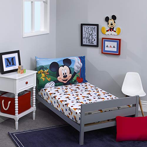 Disney Mickey Mouse – Blau, Rot, Gelb, 2-teiliges Kleinkind-Bettwäsche-Set mit Spannbetttuch und Kissenbezug
