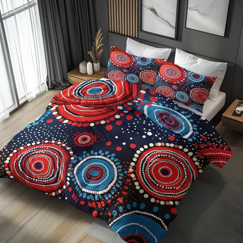 Generisch Bettwäsche 135x200 Aboriginal Kunst Punktmuster - Schlafzimmer Deko Bettbezug 135 x 200 2tlg Blaue Rote Kreise Punkte Muster, 1 Kissenbezug 80x80, mit Reißverschluss, Weich Mikrofaser TS-92