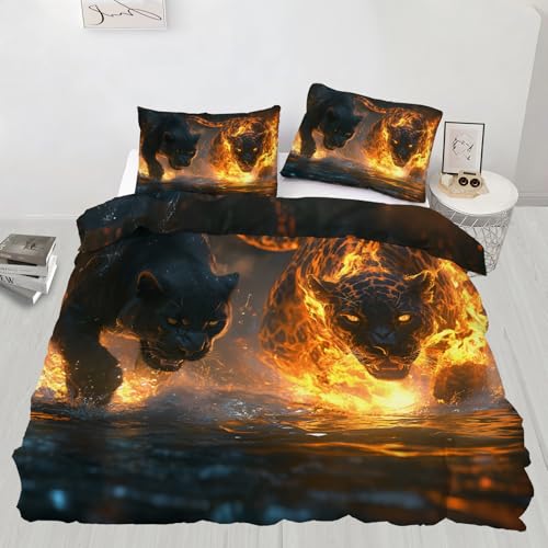 Leopard Bettbezug Super King Flame Gepard Bettwäsche-Set mit 2 Kissenbezügen, Fantasie-Tiere, atmungsaktiv, ideal für alle Jahreszeiten (260 x 220 cm)