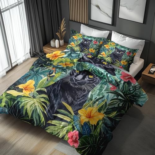 Sommer Bettwäsche 200x200 Leopard - Dschungel Wildtier Bettbezug 3er Set mit 2 Kopfkissenbezug 80x80 cm, Weiche Kuschelige Mikrofaser Wendebettwäsche mit Reißverschluss ZHW1910