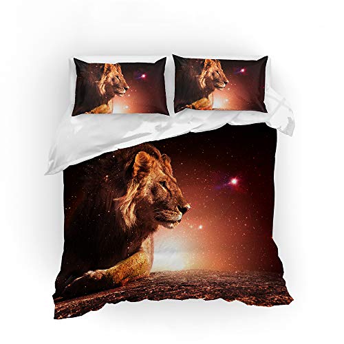 EU-VV Bettwäsche Set 3D Löwe Gedruckt Kinder Jungen Mädchen Bettbezug Set Super Weiche Bettbezug Kissenbezug Reißverschluss Pflegeleicht (135x200cm,Löwe 02)