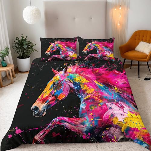 Farbige Pferde Bettwäsche 200X200Cm Kinder Junge Mädchen 3D Effekt Bettbezug Jugendliche Bettwäsche-Set Mikrofaser Bettbezug Mit Reißverschluss Und 2 Kissenbezug 80X80Cm Farbige Pferde Bettwäsche 200X200Cm Kinder Junge Mädchen 3D Effekt Bettbezug Jugendliche Bettwäsche-Set Mikrofaser Bettbezug Mit Reißverschluss Und 2 Kissenbezug 80X80Cm