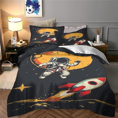 XJmoney Cartoon Astronaut Bettbezug Bettwäsche-Sets Kinderbettwäsche-Set Reißverschluss Mit Kissenbezügen Betten Set Für Jungen Und Mädchen, Kinder Single?135x200cm?