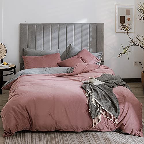 Lanqinglv Warme Winter Bettwäsche 200x200cm Grau Rosa Biber Plüsch Deckenbezug Doppelbett Unifarben Bettbezug mit Reißverschluss und 2 Kissenbezug 80x80cm