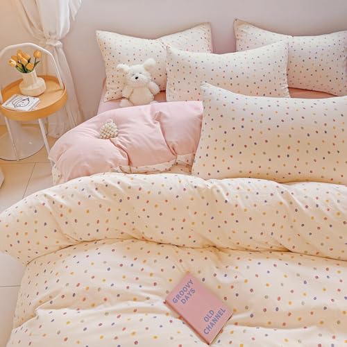 Nayoroom Bettwäsche 135x200 Beige Bunte Punkte Muster Bettbezug Set 2teilig Bunt Gepunktet Aesthetic Cute Gewaschene Mikrofaser Renforce Bettwäsche-Sets mit Reißverschluss und 1 Kissenbezug 80x80