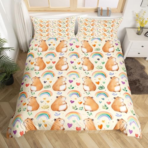 Homewish Kapibara Bettwäsche Farbenfroher Regenbogen Deckenbezug 135x200 Niedliche Tiere Bettbezug Jugendliche Kinder Mädchen Jungen Erwachsene Liebe Herz Äste Licht Beige Braun Bettset 2 Teilig