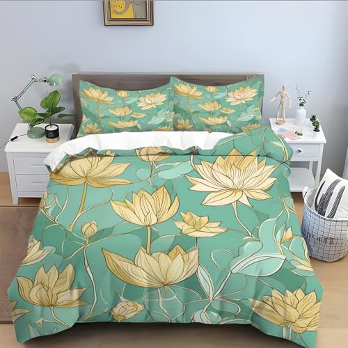 Bettwäsche 135x200 Kinder für Blumen,Grün Bettwäsche-Set 3 Teilig, Mikrofaser Bettbezug Atmungsaktive, Bettbezüge mit Reißverschluss Schließung und 2 Kissenbezug 80x80 cm-Gold A265