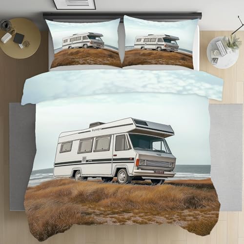 Pggong Wohnmobil Campingwagen Auto Bettbezug 3teilig, Abenteuer Raumdekor Bettbezüge 155x220 mit 2 Kissenbezüge 80x80 cm, Landhausstil Jungen Bettwäsche Sets Weich Mikrofaser mit Reißverschluss
