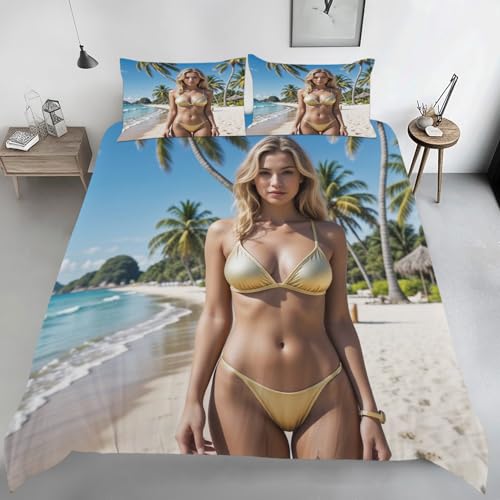 Golden Bikini-Schönheit Bettwäsche 135x200, Liebey Frau Wendebettwäsche, Tropischer Strand Motiv Bettbezug mit Reißverschluss, Weiche Mikrofaser Bettwäsche Sets 2 Teilig mit 1 Kissenbezug 80x80 M14c