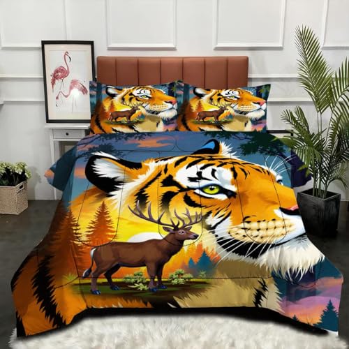 Gumntun Bettdecke 220×240 cm Tier Tiger Elch, Weiche Doppelbett Steppdecke für Normal Temperierte Schlafzimmer, 3-Teilig Bettwäsche (1 Decke 220×240 cm + 2 Kissenbezüge 80×80 cm)_B1152