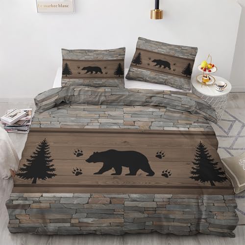 Bettwäsche 140x200 Rustikale Hütte - Bär Tier Landhaus Bettbezug 140x200 3 teilig, Wendebettwäsche und 2 Kissenbezug, Weiche Mikrofaser Bettwäsche-Sets mit Reißverschluss, Braun Grau Schlafzimmer Deko