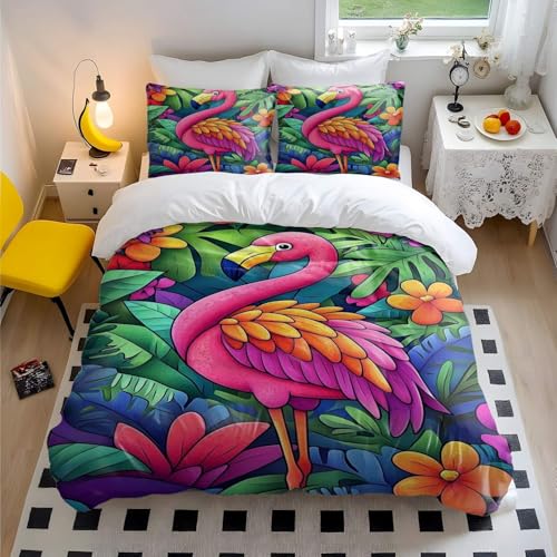 Pinkes Flamingo-Bettwäsche-Set, tropisches Paradies, ultraweiche Mikrofaser, Flamingo-Trösterbezug für Damen und Mädchen, Schlafzimmer-Dekor (Stil 3, King-Size-Bett 240 x 220 cm + 65 x 65 cm x 2)