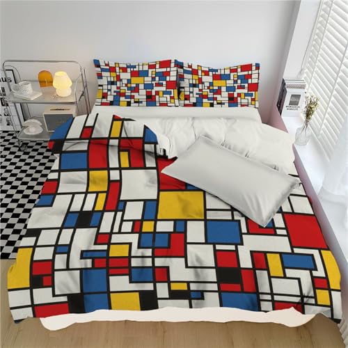 Bettwäsche 260x220cm Marineblau Geometrische Quadratstreifen Bettbezug Set 3 Teilig Abstraktes klassisches Quadrat Blümchen Blumen Weich Bettwäsche-Sets mit 2 Kissenbezüge und Reißverschluss