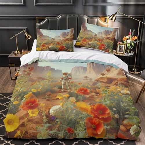 YOPDEOOCR Astronaut geht 3D Bedruckt Deckenbezug 3teilig Mikrofaser maschinenwaschbar Wüstenwildblumenszene Bettdeckenbezug 2 Kissenbezüge fleckenfest Kinder Jungen Single?140x200cm?