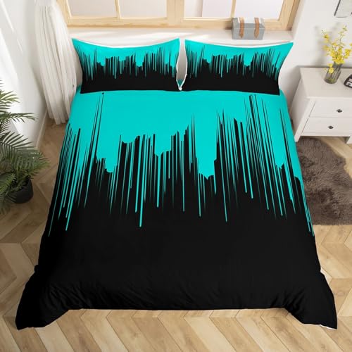 Abstrakter Farbverlauf Bettwäsche 135x200cm Türkise Und Schwarze Streifen Kinder Bettbezug Set 3 Teilig Microfaser 3D Motiv Luxus Modern Bettdeckenbezug Mit Reißverschluss und 2 Kissenbezüge 80x80cm