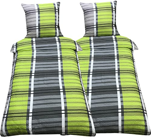 Leonado Vicenti Bettwäsche 4teilig Seersucker 135x200 cm Grün Grau Gestreift Schlafzimmer Set mit Reißverschluss