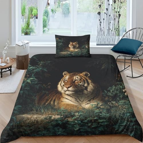 kaiyun Schöner bengalischer Tiger liegt in dunkler Vegetation Bettwäsche Microfaser 3D-Druck Bettbezug Mit Kissenbezug Für 3 Teiliges Für Erwachsene Kinder Single?135x200cm?