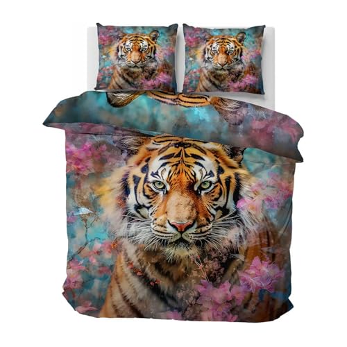 CCZM Tiger Bettwäsche 200x200 - Tierwelt Bettbezug 200x200 - Aquarell Tiger Wendebettwäsche und 2 Kissenbezug 80x80, Warm Mikrofaser Bettwäsche-Sets mit Reißverschluss, N-462