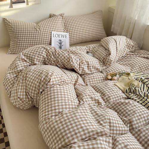 Covebett Bettwäsche 135x200 Braun Weiß Kariert Karo Muster Modern Bettbezug Set Landhausstil Geometrisch Karomuster Renforce Gewaschene Microfaser Deckenbezug und Kissenbezug 80x80 Reißverschluss